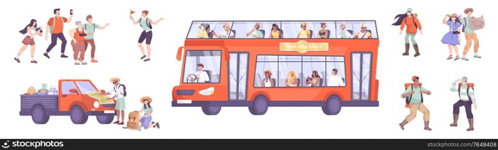 Excursion set of flat icons with car sightseeing bus and human characters of travelers and tourists vector illustration