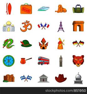 Excursion trip icons set. Cartoon set of 25 excursion trip vector icons for web isolated on white background. Excursion trip icons set, cartoon style