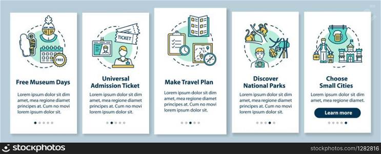 Excursions onboarding mobile app page screen, concepts. Free museum days. Choose small cities. Budget traveling walkthrough five steps graphic instructions. UI vector template, RGB color illustrations