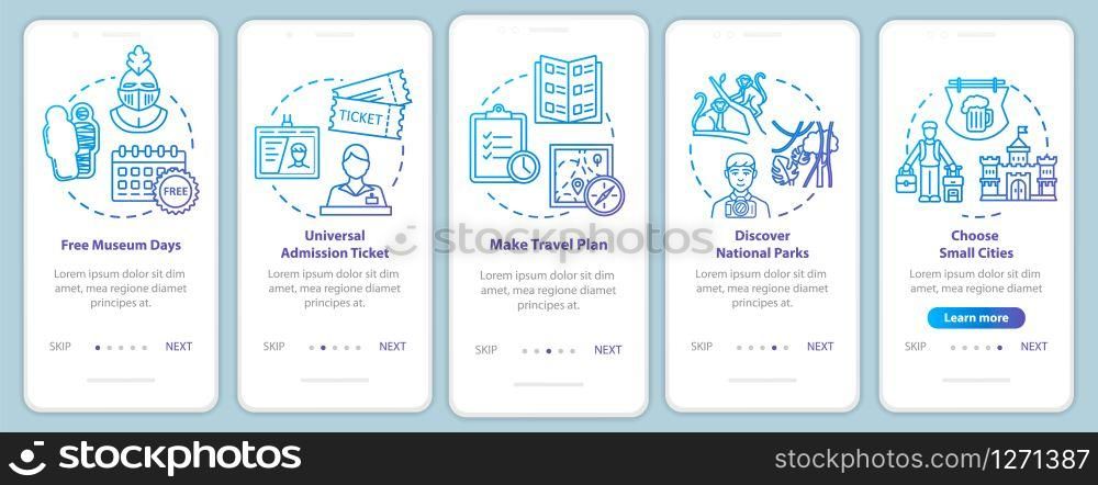 Excursions onboarding mobile app page screen with concepts. Free galleries. Parks attending. Money saving travel walkthrough five steps graphic instruction. UI vector template, RGB color illustrations