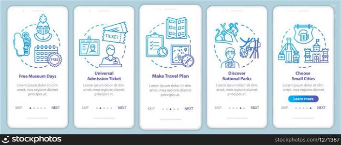Excursions onboarding mobile app page screen with concepts. Free galleries. Parks attending. Money saving travel walkthrough five steps graphic instruction. UI vector template, RGB color illustrations