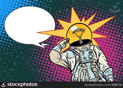 Executive astronaut head light bulb idea. Pop art retro vector illustration.. Executive astronaut head light bulb idea
