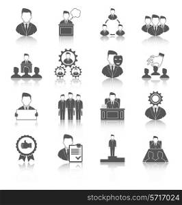 Executive employee people management leadership and teamwork black icons set isolated vector illustration