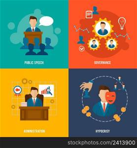 Executive flat icons set with public speech governance administration hypocrisy isolated vector illustration.