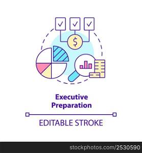 Executive preparation concept icon. Present and defend budget plan. Budgeting process abstract idea thin line illustration. Isolated outline drawing. Editable stroke. Arial, Myriad Pro-Bold fonts used. Executive preparation concept icon
