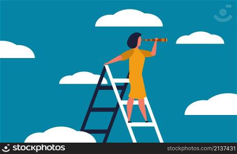 Executive woman looking telescope on ladder and business achievement female leader . Business guide and job inequality vector illustration concept. Future strategy employee people and career vision