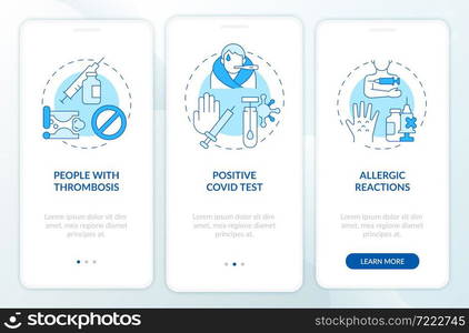 Exemptions from covid vaccine onboarding mobile app page screen. Medical conditions walkthrough 3 steps graphic instructions with concepts. UI, UX, GUI vector template with linear color illustrations. Exemptions from covid vaccine onboarding mobile app page screen