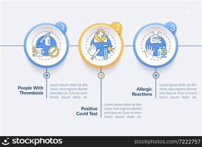 Exemptions from covid vaccine vector infographic template. Reactions presentation outline design elements. Data visualization with 3 steps. Process timeline info chart. Workflow layout with line icons. Exemptions from covid vaccine vector infographic template