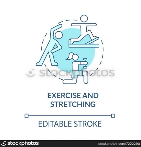 Exercise and stretching blue concept icon. Risk of arthritis reduction abstract idea thin line illustration. Prevent joints diseases. Vector isolated outline color drawing. Editable stroke. Exercise and stretching blue concept icon