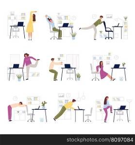 Exercise at office. Managers or freelancer spend relax active time at work making helthy exercises recent vector illustrations in cartoon style. Manager do exercise at work. Exercise at office. Managers or freelancer spend relax active time at work making helthy exercises recent vector illustrations in cartoon style