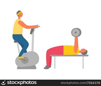 Exercise bike and weight lifting, gym training vector. Man doing cardio and guy pumping biceps, sport and workout, healthy lifestyle and weight loss. Gym Training, Exercise Bike and Weight Lifting