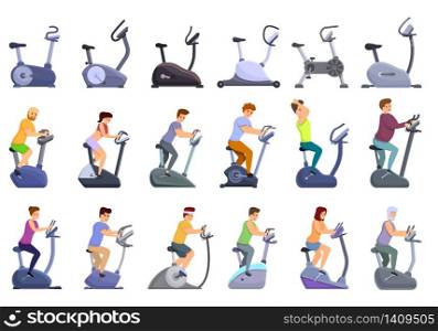 Exercise bike icons set. Cartoon set of exercise bike vector icons for web design. Exercise bike icons set, cartoon style
