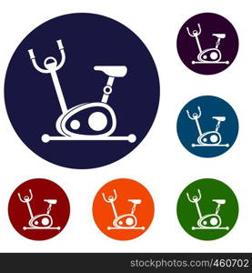 Exercise bike icons set in flat circle reb, blue and green color for web. Exercise bike icons set