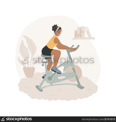 Exercise bike isolated cartoon vector illustration. Young woman riding a stationary bike, home training, people active lifestyle, physical activity, wellness exercises vector cartoon.. Exercise bike isolated cartoon vector illustration.