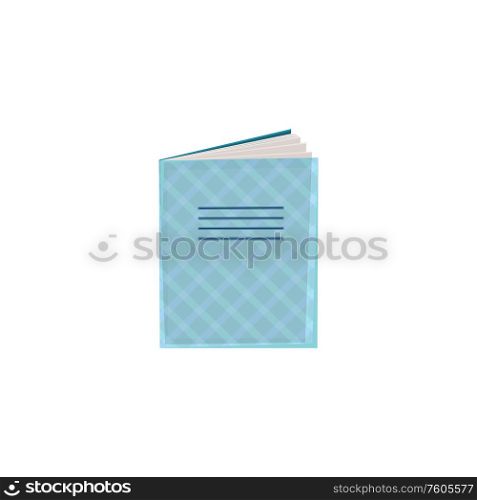 Exercise book isolated notebook in blue cover. Vector back to school stationary, textbook design. Notebook or exercise book in blue cover isolated