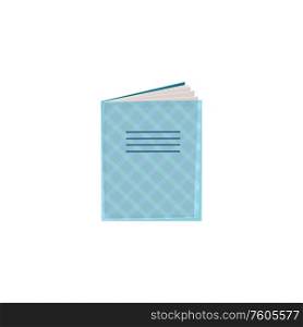 Exercise book isolated notebook in blue cover. Vector back to school stationary, textbook design. Notebook or exercise book in blue cover isolated