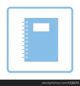 Exercise book with pen icon. Blue frame design. Vector illustration.