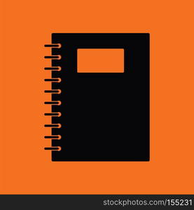 Exercise book with pen icon. Orange background with black. Vector illustration.