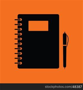 Exercise book with pen icon. Orange background with black. Vector illustration.
