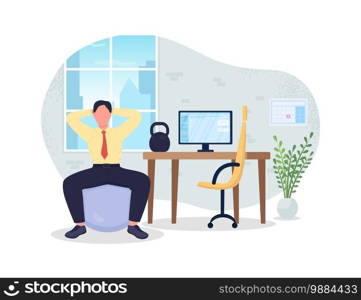 Exercise break at workplace 2D vector web banner, poster. Manager doing yoga. Businessman working out flat characters on cartoon background. Fitness at desk printable patch, colorful web element. Exercise break at workplace 2D vector web banner, poster