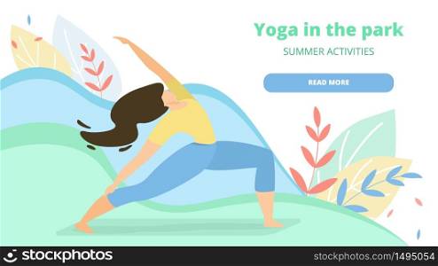 Exercise for Women Yoga in the Park Landing Page. Beautiful Girl doing Yoga in Park. Poster Energy Young Woman Practicing Yoga on Street against Background Trees. Vector Illustration.