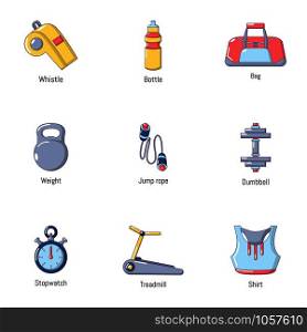 Exercise icons set. Cartoon set of 9 exercise vector icons for web isolated on white background. Exercise icons set, cartoon style