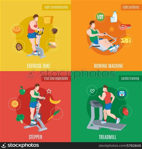 Exercise machines design concept set with bike rowing machine stepper treadmill flat icons isolated vector illustration