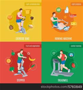 Exercise machines design concept set with bike rowing machine stepper treadmill flat icons isolated vector illustration