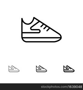 Exercise, Shoes, Sports Bold and thin black line icon set