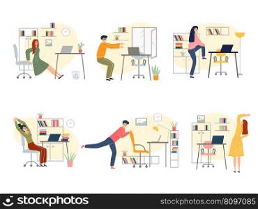 Exercises at work. Freelancers making sport exercises at workplace healthy corporate active time recent vector cartoon people do exercise at work illustration. Exercises at work. Freelancers making sport exercises at workplace healthy corporate active time recent vector cartoon people