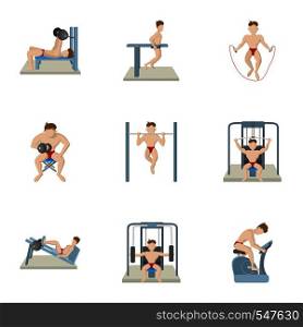 Exercises in gym icons set. Cartoon illustration of 9 exercises in gym vector icons for web. Exercises in gym icons set, cartoon style