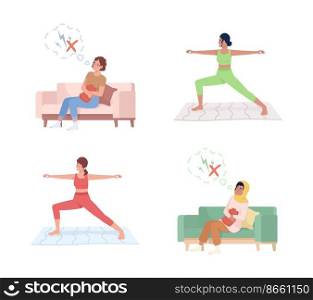 Exercises to relieve menstrual pain flat color vector characters set. Editable figures. Full body people on white. Simple cartoon style illustrations for web graphic design and animation pack. Exercises to relieve menstrual pain flat color vector characters set
