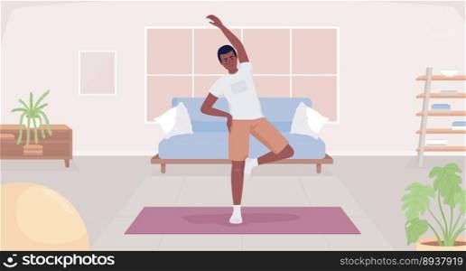 Exercising after waking up flat color vector illustration. Young man stretching arm and standing on yoga mat. Fully editable 2D simple cartoon character with cozy living room interior on background. Exercising after waking up flat color vector illustration