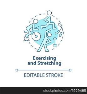 Exercising and stretching blue concept icon. Work out for physical rehabilitation. Physiotherapy abstract idea thin line illustration. Vector isolated outline color drawing. Editable stroke. Exercising and stretching blue concept icon
