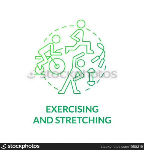 Exercising and stretching concept icon. Work out for physical rehabilitation. Fitness training. Physiotherapy abstract idea thin line illustration. Vector isolated outline color drawing. Exercising and stretching concept icon
