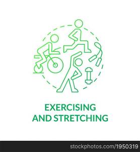 Exercising and stretching concept icon. Work out for physical rehabilitation. Fitness training. Physiotherapy abstract idea thin line illustration. Vector isolated outline color drawing. Exercising and stretching concept icon