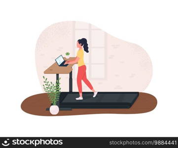 Exercising at work 2D vector web banner, poster. Cardio training at treadmill. Freelancer at workstation flat character on cartoon background. Healthy lifestyle printable patch, colorful web element. Exercising at work 2D vector web banner, poster