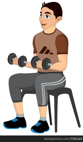 Exercising, man lifting dumbells, vector illustration