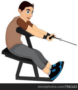Exercising, man pulling weights, vector illustration