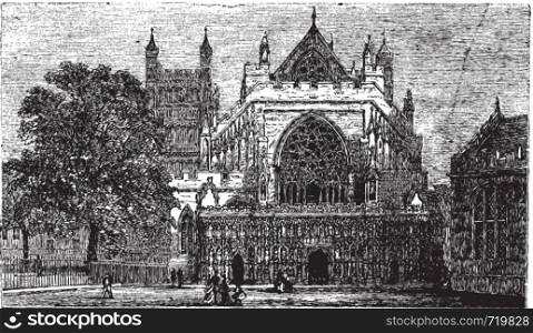 Exeter Cathedral in England, United Kingdom, during the 1890s, vintage engraving. Old engraved illustration of Exeter Cathedral.
