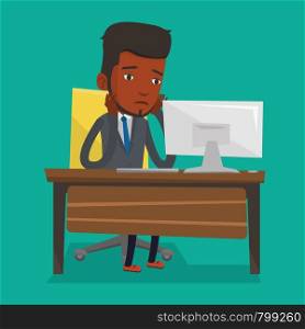 Exhausted african-american employee sitting at workplace in front of computer in office. Overworked tired employee working with his head propped on hand. Vector flat design illustration. Square layout. Exhausted sad employee working in office.