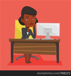 Exhausted african-american employee sitting at workplace in front of computer in office. Overworked tired employee working with her head propped on hand. Vector flat design illustration. Square layout. Exhausted sad employee working in office.