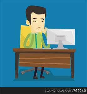 Exhausted bored asian employee sitting at workplace in front of computer in office. Overworked tired employee working with his head propped on hand. Vector flat design illustration. Square layout.. Exhausted sad employee working in office.