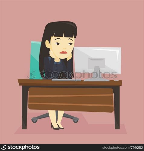 Exhausted bored asian employee sitting at workplace in front of computer in office. Overworked tired employee working with her head propped on hand. Vector flat design illustration. Square layout.. Exhausted sad employee working in office.