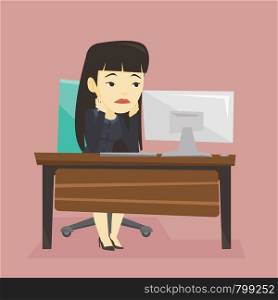Exhausted bored asian employee sitting at workplace in front of computer in office. Overworked tired employee working with her head propped on hand. Vector flat design illustration. Square layout.. Exhausted sad employee working in office.