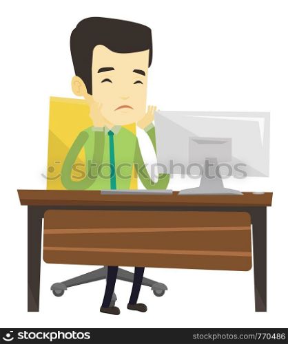 Exhausted bored asian employee sitting in front of computer in office. Overworked tired employee working with his head propped on hand. Vector flat design illustration isolated on white background.. Exhausted sad employee working in office.