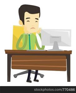 Exhausted bored asian employee sitting in front of computer in office. Overworked tired employee working with his head propped on hand. Vector flat design illustration isolated on white background.. Exhausted sad employee working in office.