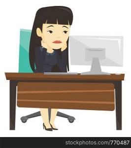 Exhausted bored asian employee sitting in front of computer in office. Overworked tired employee working with her head propped on hand. Vector flat design illustration isolated on white background.. Exhausted sad employee working in office.