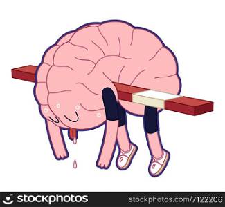 Exhausted brain hanging on the hurdle in hurdle race activity - flat cartoon vector illustration. A part of the Brain collection.. Exhausted, Brain collection