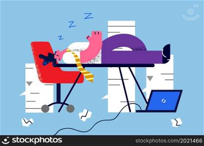 Exhausted businessman sleep on desk in office suffer from fatigue. Tired male employee doze off nap on table at workplace feel overwhelmed overwork. Burnout concept. Vector illustration. . Tired male employee sleep on desk in office